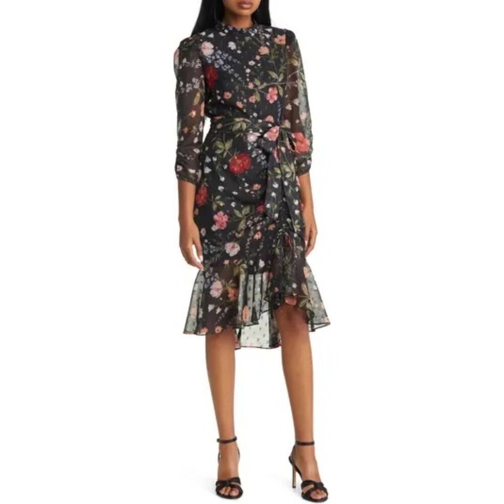 Eliza J Floral Metallic Detail Floral Black Long Sleeve Dress, NWT, size 4